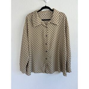 Vintage Diamond Floral Geometric Retro Blouse Womens 1X Cream Button Up Top